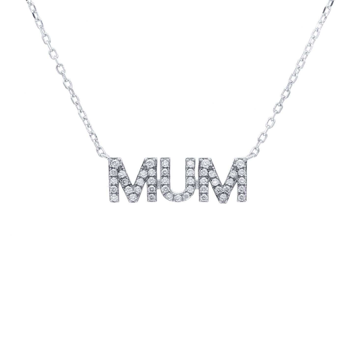 Rhodium-plated Silver  CZ MUM Nameplate Pave Lavalier Necklace - ANC118