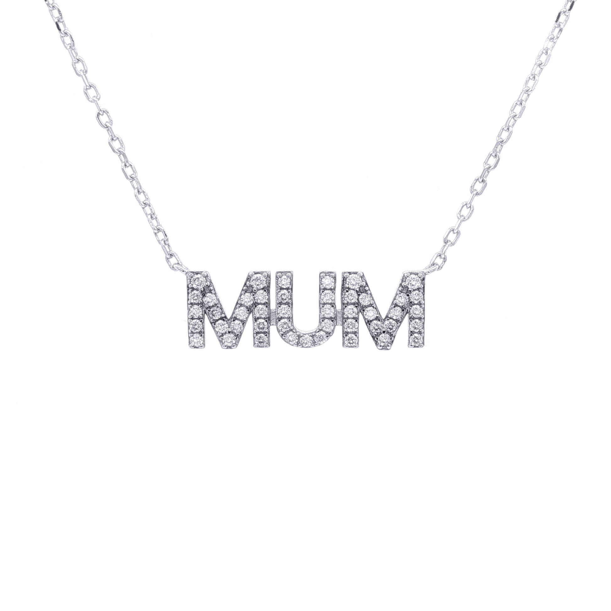 Rhodium-plated Silver  CZ MUM Nameplate Pave Lavalier Necklace - ANC118