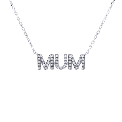Rhodium-plated Silver  CZ MUM Nameplate Pave Lavalier Necklace - ANC118