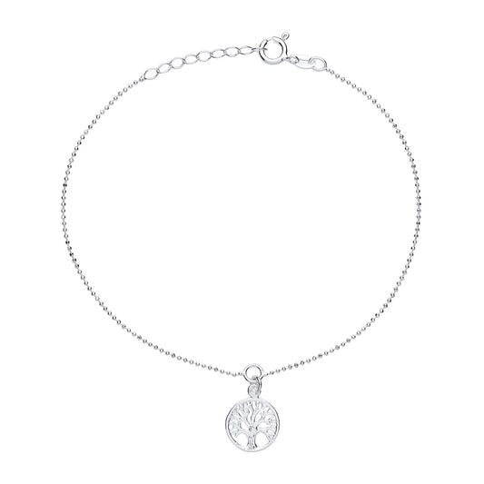 Silver  Bead Chain Tree of Life Charm Anklet 13mm 9 + 1 inch - ANK004