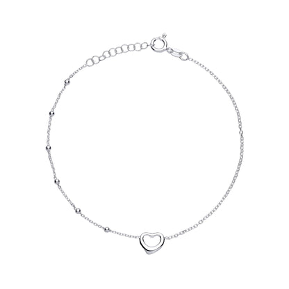 Silver  Love Heart Bead Chain Station Ankle Bracelet 14mm 2mm 9+1 inch - ANK008