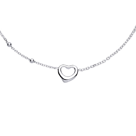 Silver  Love Heart Bead Chain Station Ankle Bracelet 14mm 2mm 9+1 inch - ANK008