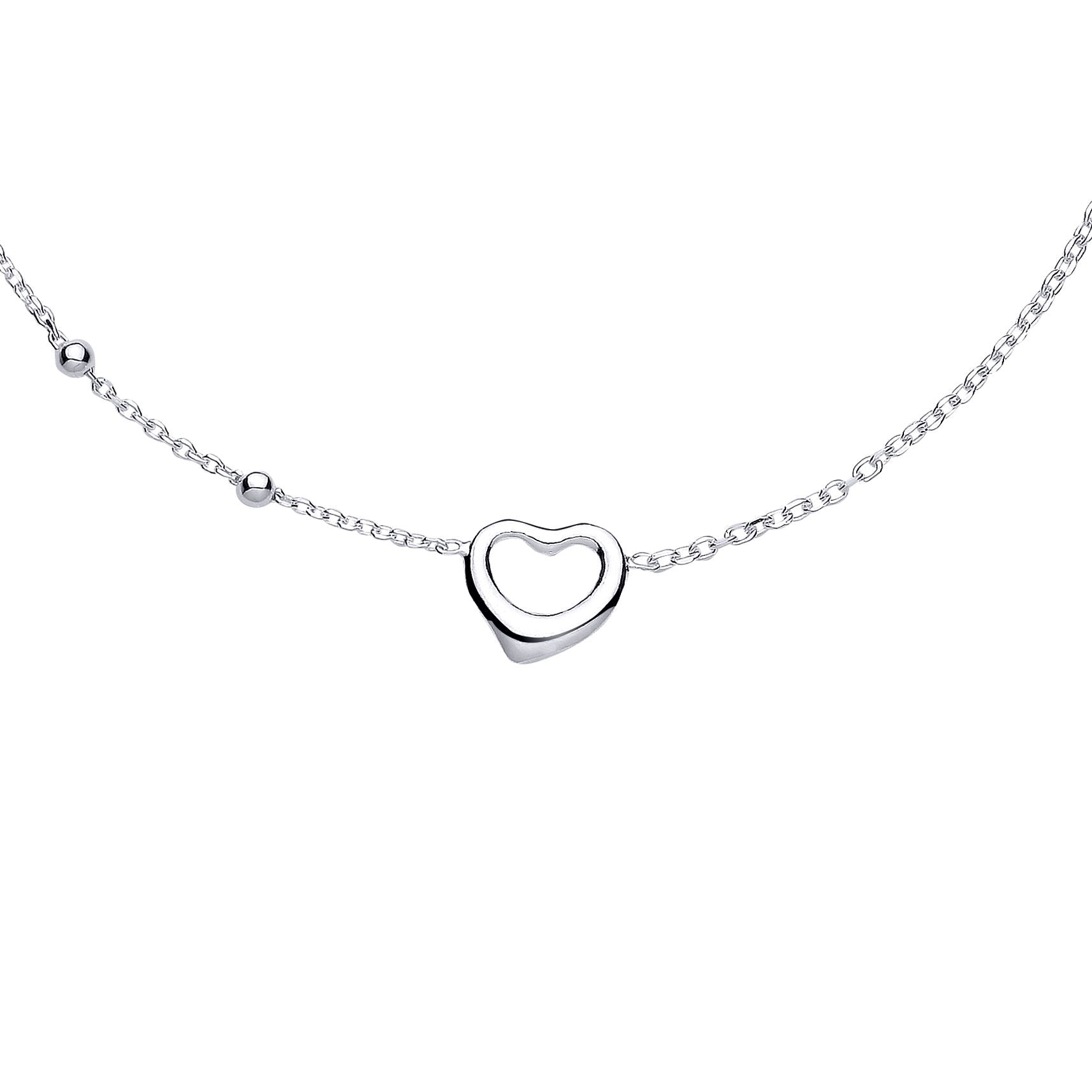 Silver  Love Heart Bead Chain Station Ankle Bracelet 14mm 9+1 inch - ANK008