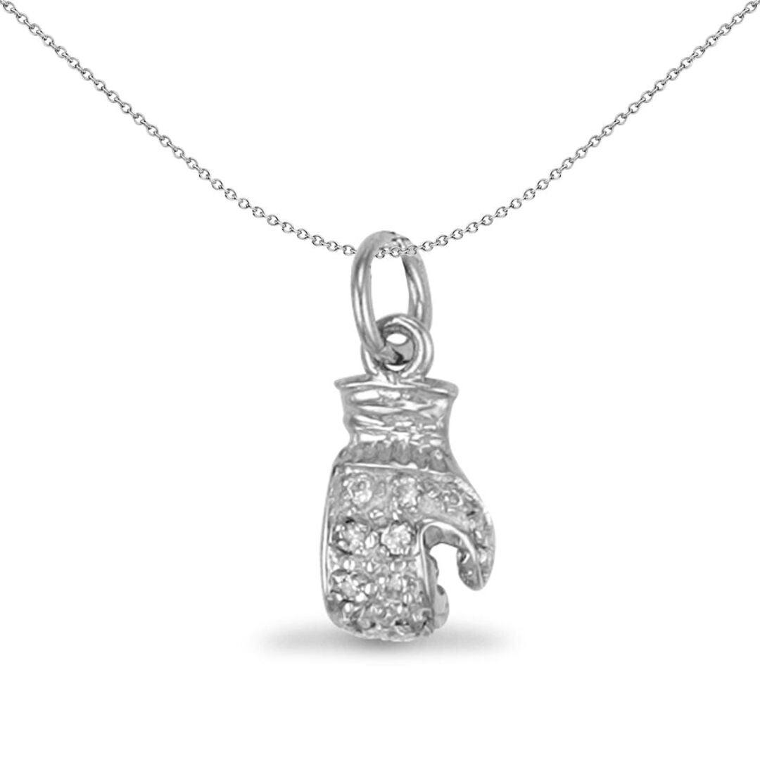 Mens Rhodium Sterling Silver  CZ Boxing Glove Sporty Pendant - APD004