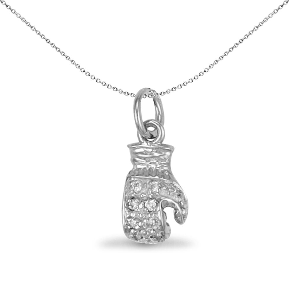 Mens Rhodium Silver  CZ Boxing Glove Pendant Necklace 26mm 18" - APD004
