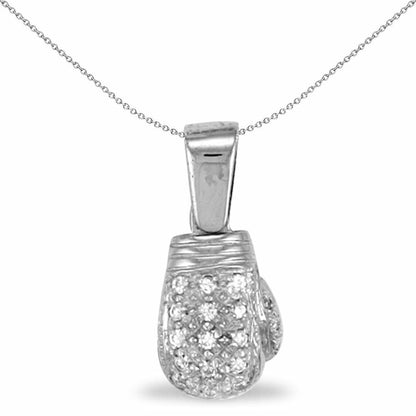 Mens Rhodium Silver  CZ Boxing Glove Pendant Necklace 31mm 18" - APD006