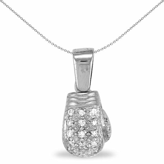 Mens Rhodium Silver  CZ Boxing Glove Pendant Necklace 31mm 18" - APD006