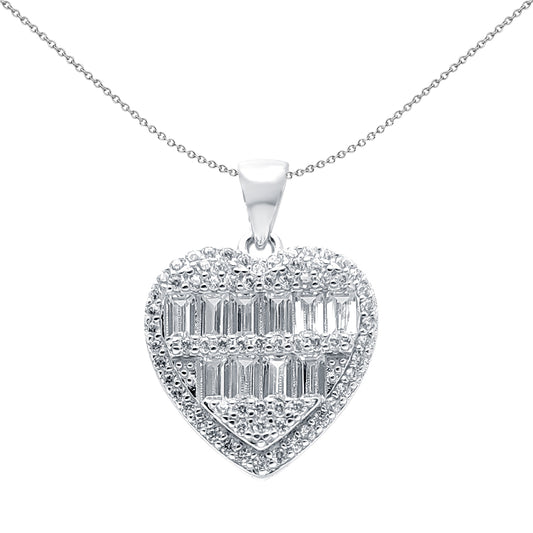 Silver  Round & Baguette CZ Halo Shimmering Love Heart Pendant - APD157