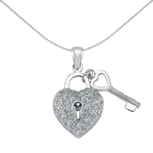 Sterling Silver  CZ Key & Love Heart Padlock Charm Pendant - APD164