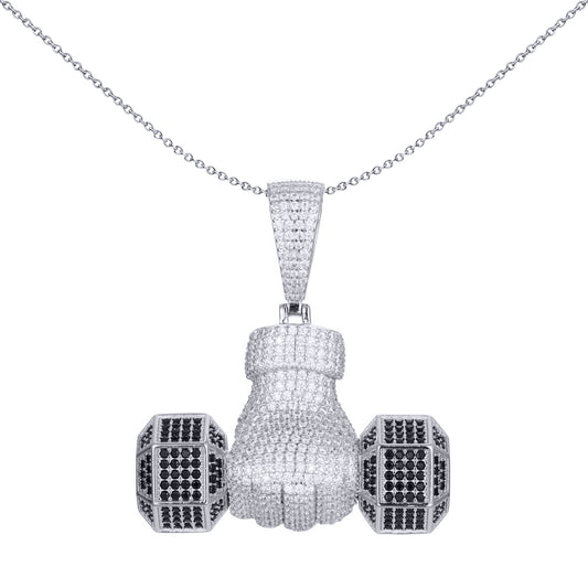 Men's Silver  Black CZ Hex Dumbell Free Weight Charm Pendant 1oz - APD170