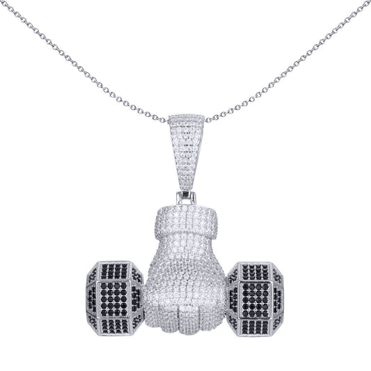 Men's Silver  Black CZ Hex Dumbell Free Weight Charm Pendant 1oz - APD170