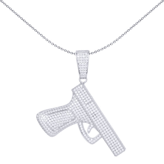 Men's Silver  Round CZ Handgun Pistol Revolver Charm Pendant - APD171