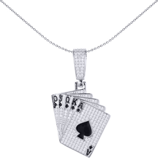 Men's Silver  CZ Spades Royal Flush Poker Hand Charm Pendant - APD173