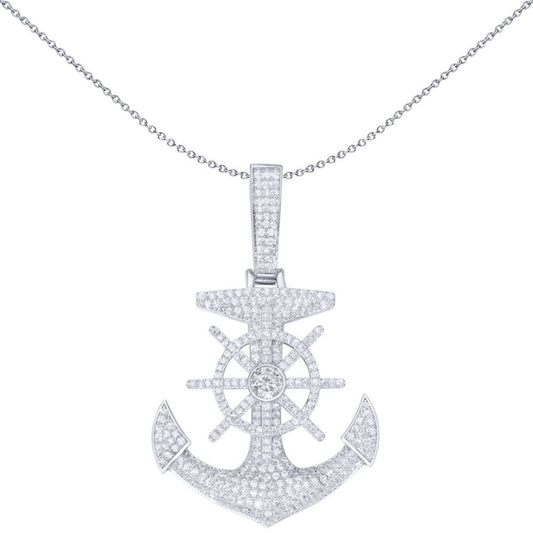 Men's Silver  Round CZ Pirate Ship Wheel Anchor Charm Pendant ½oz - APD176
