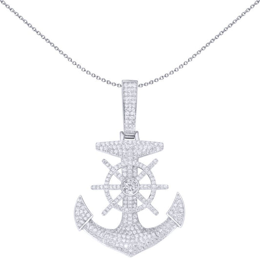 Men's Silver  Round CZ Pirate Ship Wheel Anchor Charm Pendant ½oz - APD176