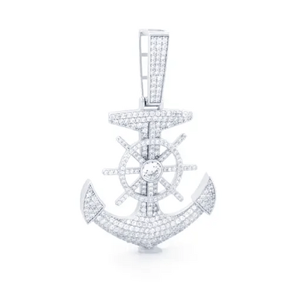 Men's Silver  Round CZ Pirate Ship Wheel Anchor Charm Pendant ½oz - APD176
