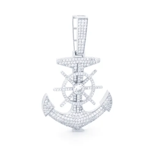 Men's Silver  Round CZ Pirate Ship Wheel Anchor Charm Pendant ½oz - APD176