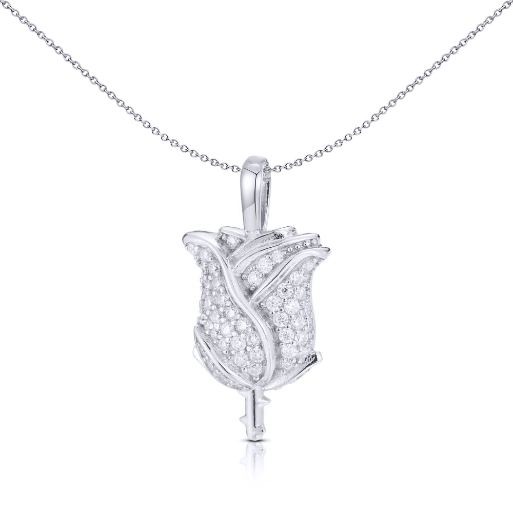 Unisex Silver  Round CZ Blooming Encrusted Rose Bud Charm Pendant - APD179