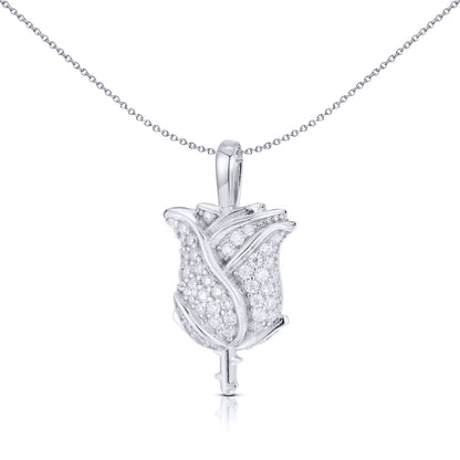 Unisex Silver  Round CZ Blooming Encrusted Rose Bud Charm Pendant - APD179