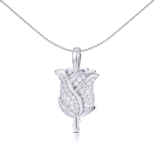 Unisex Silver  Round CZ Blooming Encrusted Rose Bud Charm Pendant - APD179