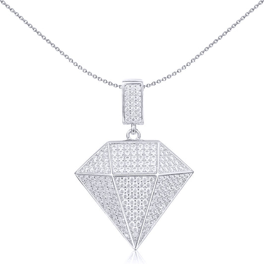 Unisex Silver  Round CZ Encrusted Pyramid 3D Diamond Charm Pendant - APD182