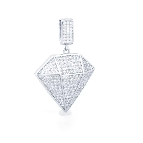 Unisex Silver  Round CZ Encrusted Pyramid 3D Diamond Charm Pendant - APD182