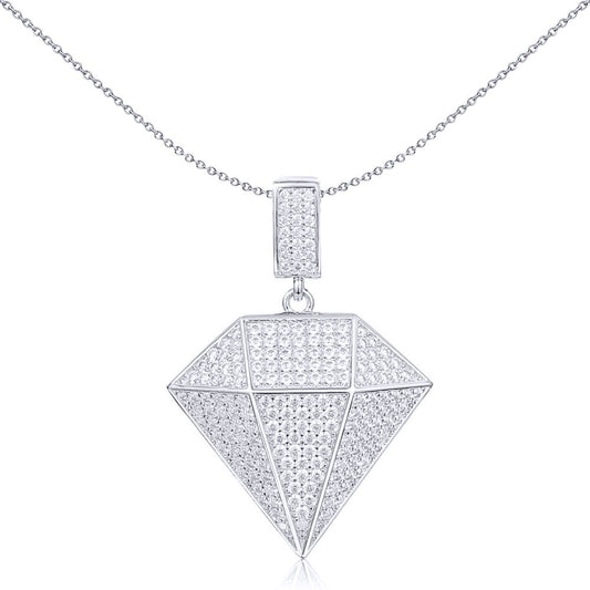 Unisex Silver  Round CZ Encrusted Pyramid 3D Diamond Charm Pendant - APD182