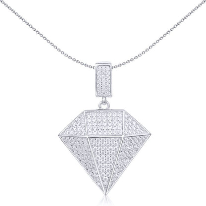 Unisex Silver  Round CZ Encrusted Pyramid 3D Diamond Charm Pendant - APD182