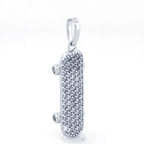 Unisex Silver  Round CZ Encrusted Sporty Skateboard Charm Pendant - APD186