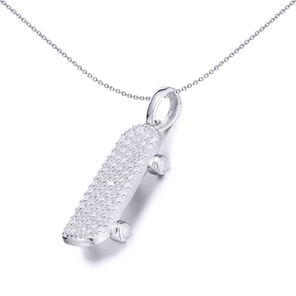 Unisex Silver  Round CZ Encrusted Sporty Skateboard Charm Pendant - APD186