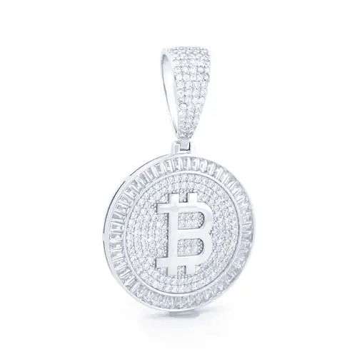 Men's Silver  CZ Fluted Halo Bitcoin Cryptocurrency Charm Pendant - APD187