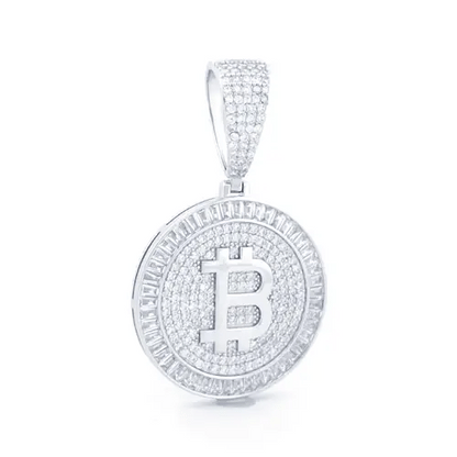 Men's Silver  CZ Fluted Halo Bitcoin Cryptocurrency Charm Pendant - APD187