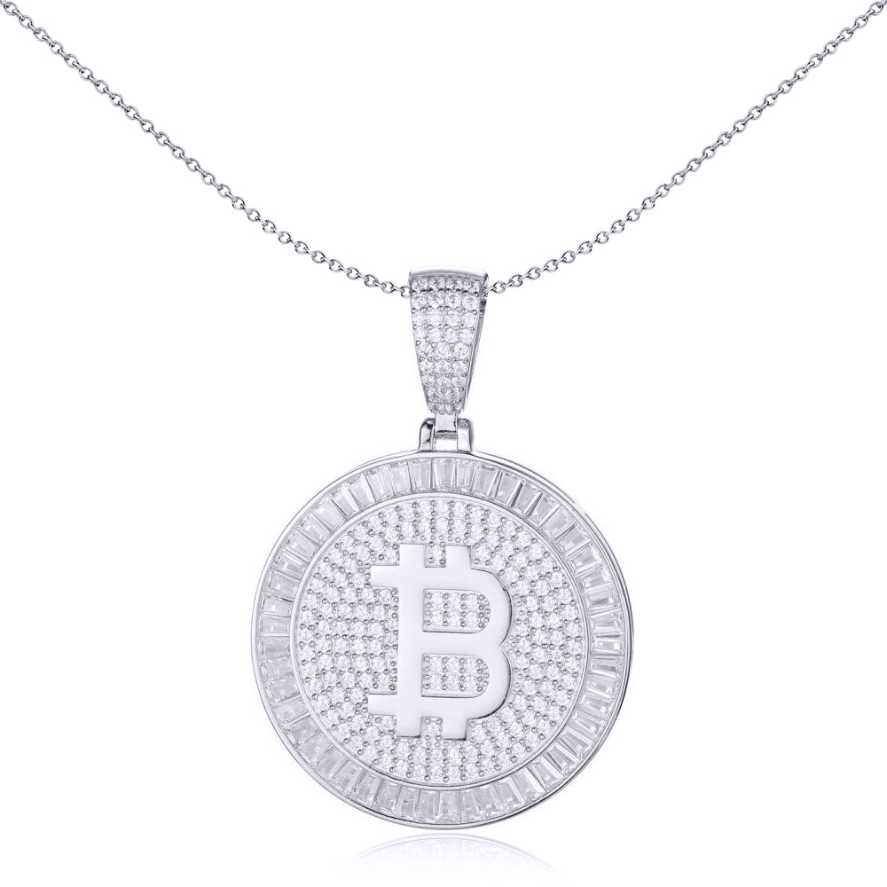 Men's Silver   CZ Fluted Halo Bitcoin Cryptocurrency Charm Pendant - APD187