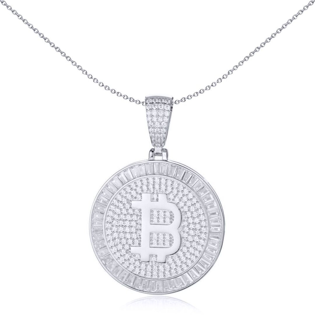 Men's Silver  CZ Fluted Halo Bitcoin Cryptocurrency Charm Pendant - APD187