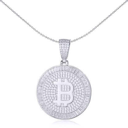 Men's Silver  CZ Fluted Halo Bitcoin Cryptocurrency Charm Pendant - APD187