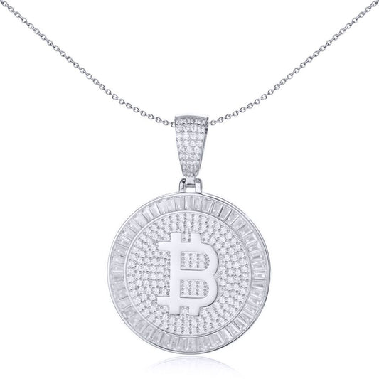 Men's Silver  CZ Fluted Halo Bitcoin Cryptocurrency Charm Pendant - APD187