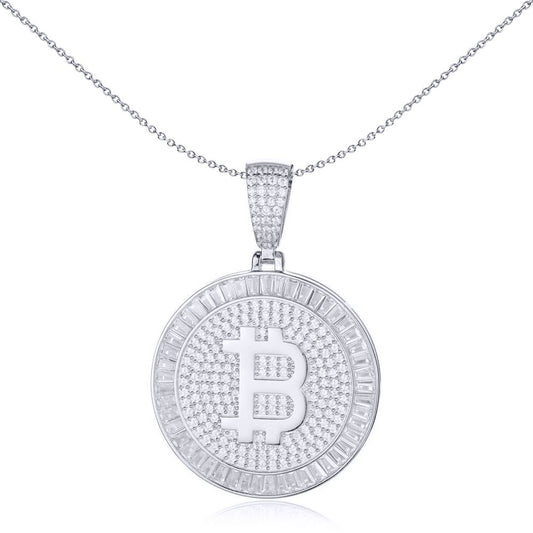 Men's Silver   CZ Fluted Halo Bitcoin Cryptocurrency Charm Pendant - APD187