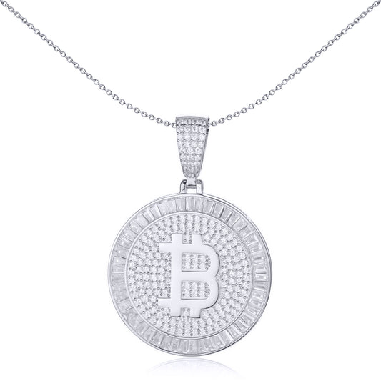 Men's Silver   CZ Fluted Halo Bitcoin Cryptocurrency Charm Pendant - APD187