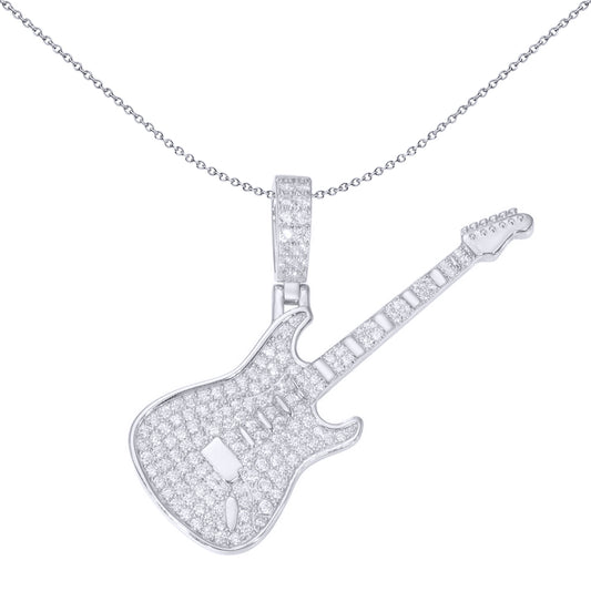 Men's Silver  Round CZ Musician Electric Lead Guitar Charm Pendant - APD190