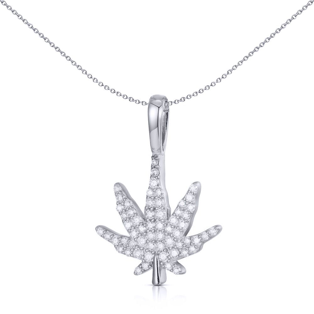 Unisex Silver  Round CZ Cannabis Marijuana Leaf Charm Pendant - APD192
