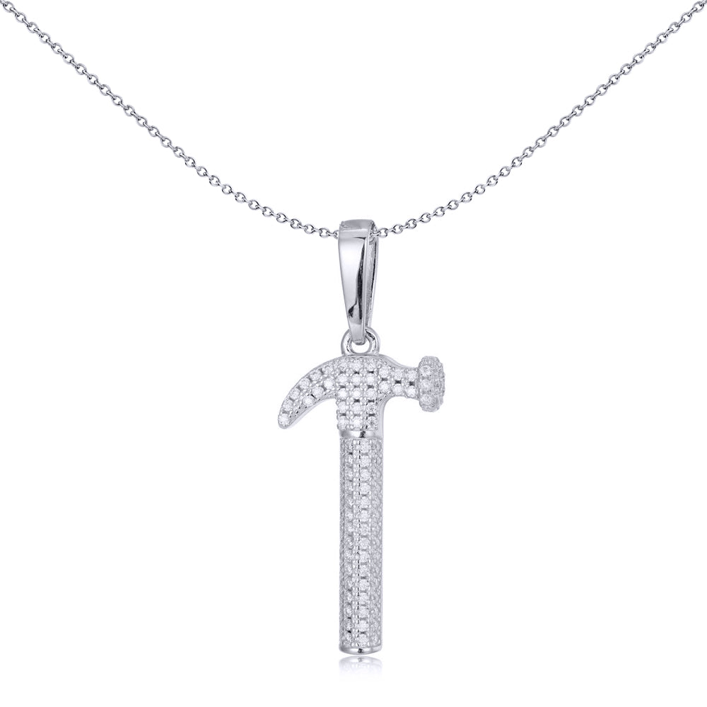 Men's Silver  Round CZ Encrusted 3D Hammer Charm Pendant - APD195