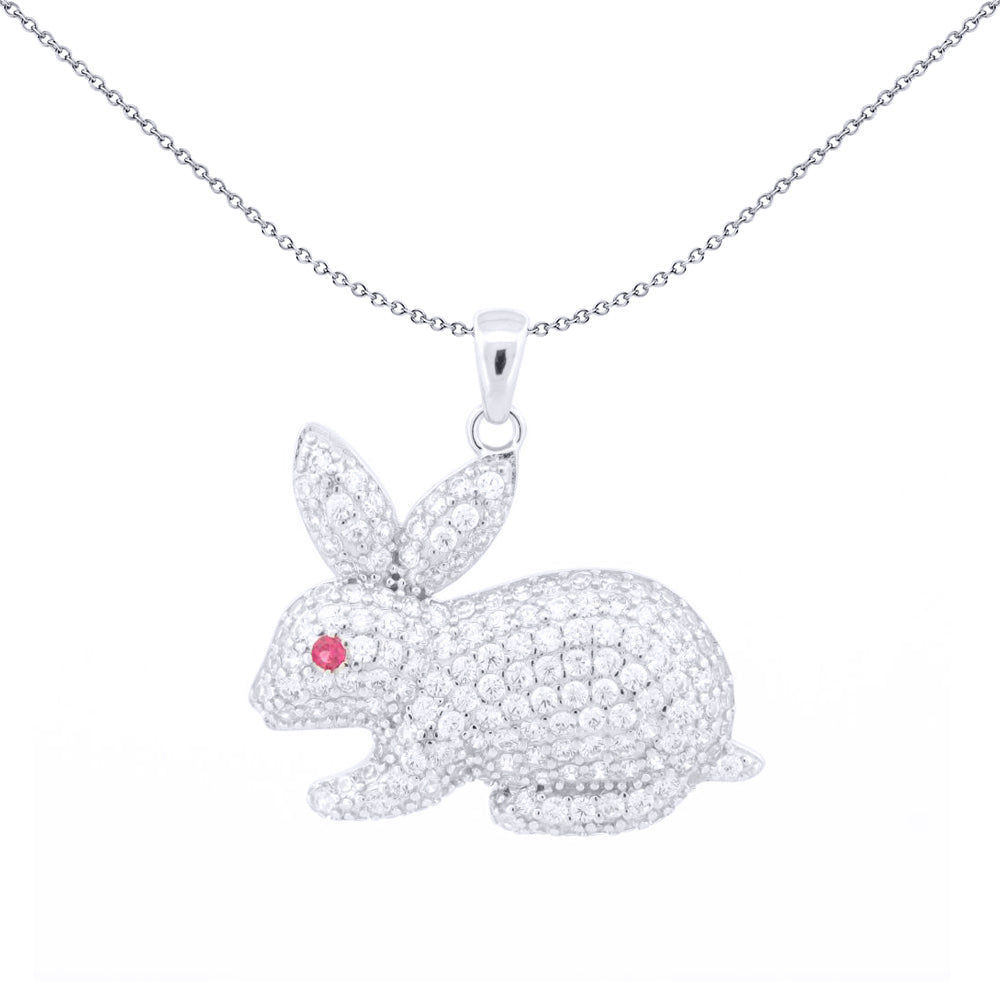 Silver  Red Round Brilliant CZ Fluffy Bunny Rabbit Charm Pendant - APD205