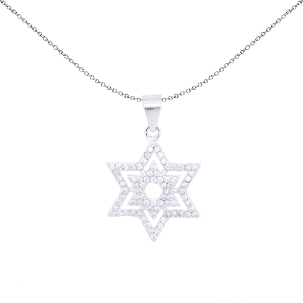 Unisex Silver  Round CZ Magen David Double Star Charm Pendant - APD206