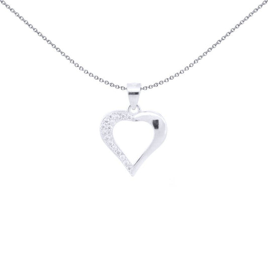 Silver  Round CZ Half Encrusted Open Love Heart Charm Pendant - APD207