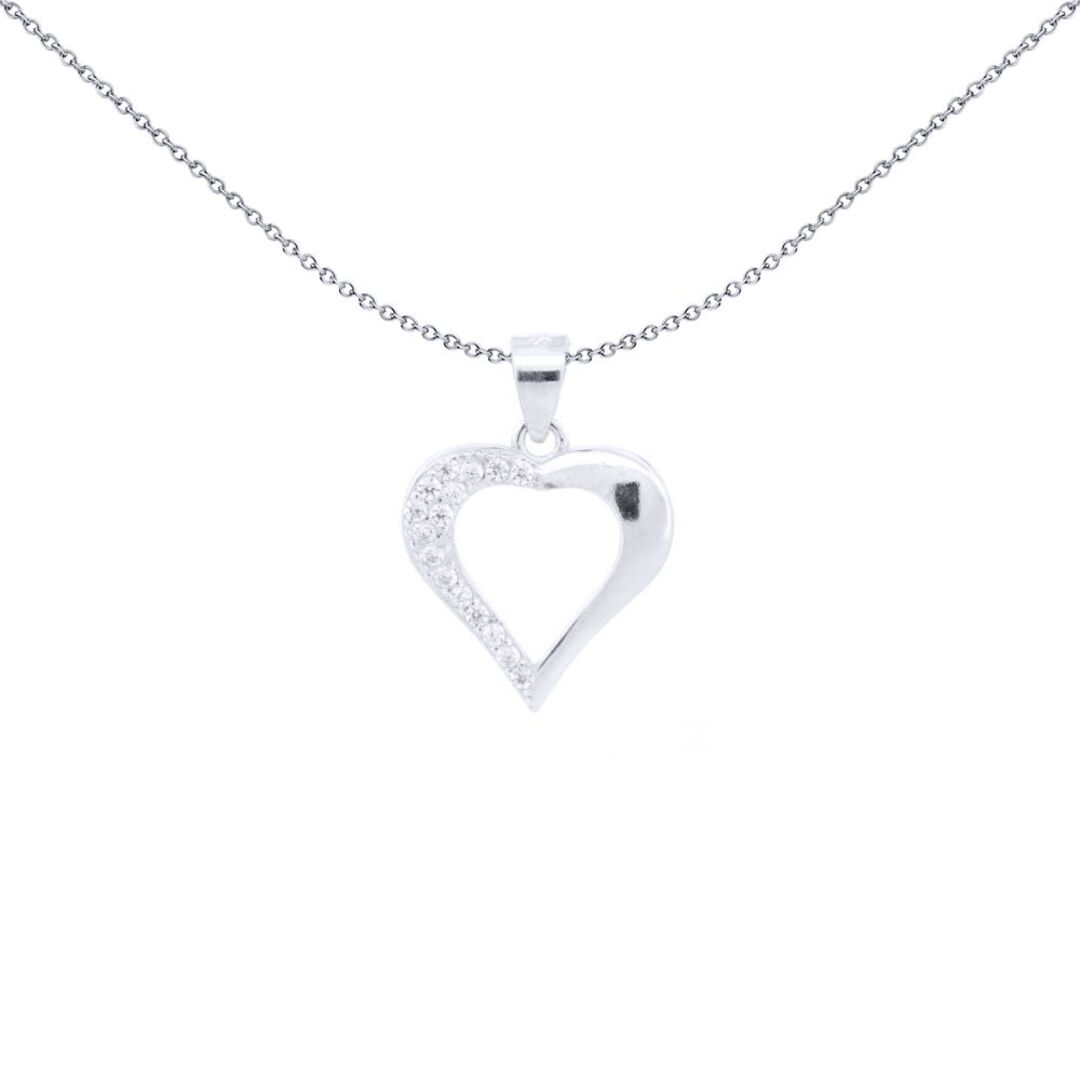 Silver  Round CZ Half Encrusted Open Love Heart Charm Pendant - APD207
