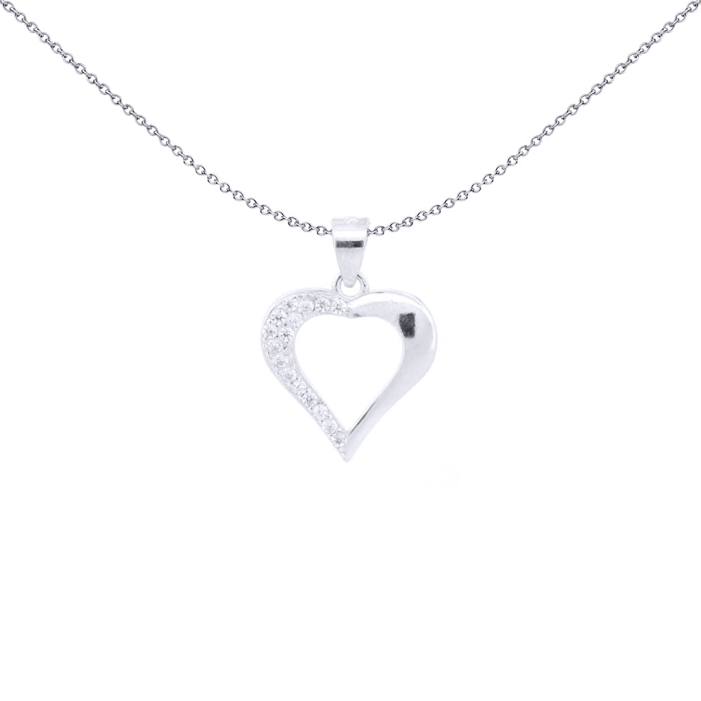 Silver  Round CZ Half Encrusted Open Love Heart Charm Pendant - APD207