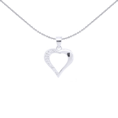 Silver  Round CZ Half Encrusted Open Love Heart Charm Pendant - APD207