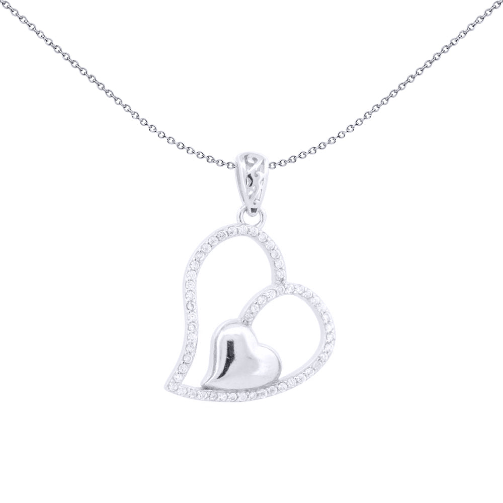 Silver  Round CZ Heart in Heart Charm Pendant - APD208