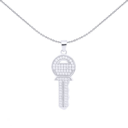 Silver  Round CZ Encrusted Yale Key to my Heart Charm Pendant - APD209