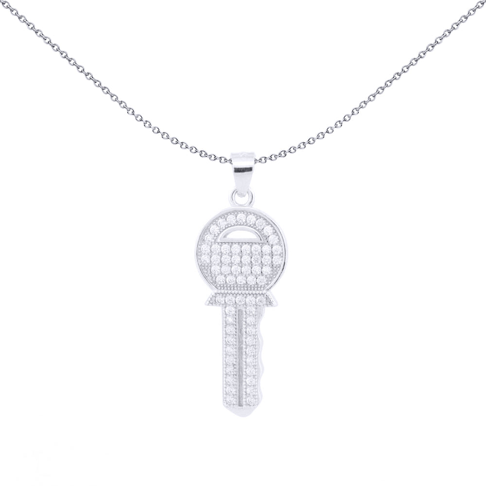 Silver  Round CZ Encrusted Yale Key to my Heart Charm Pendant - APD209